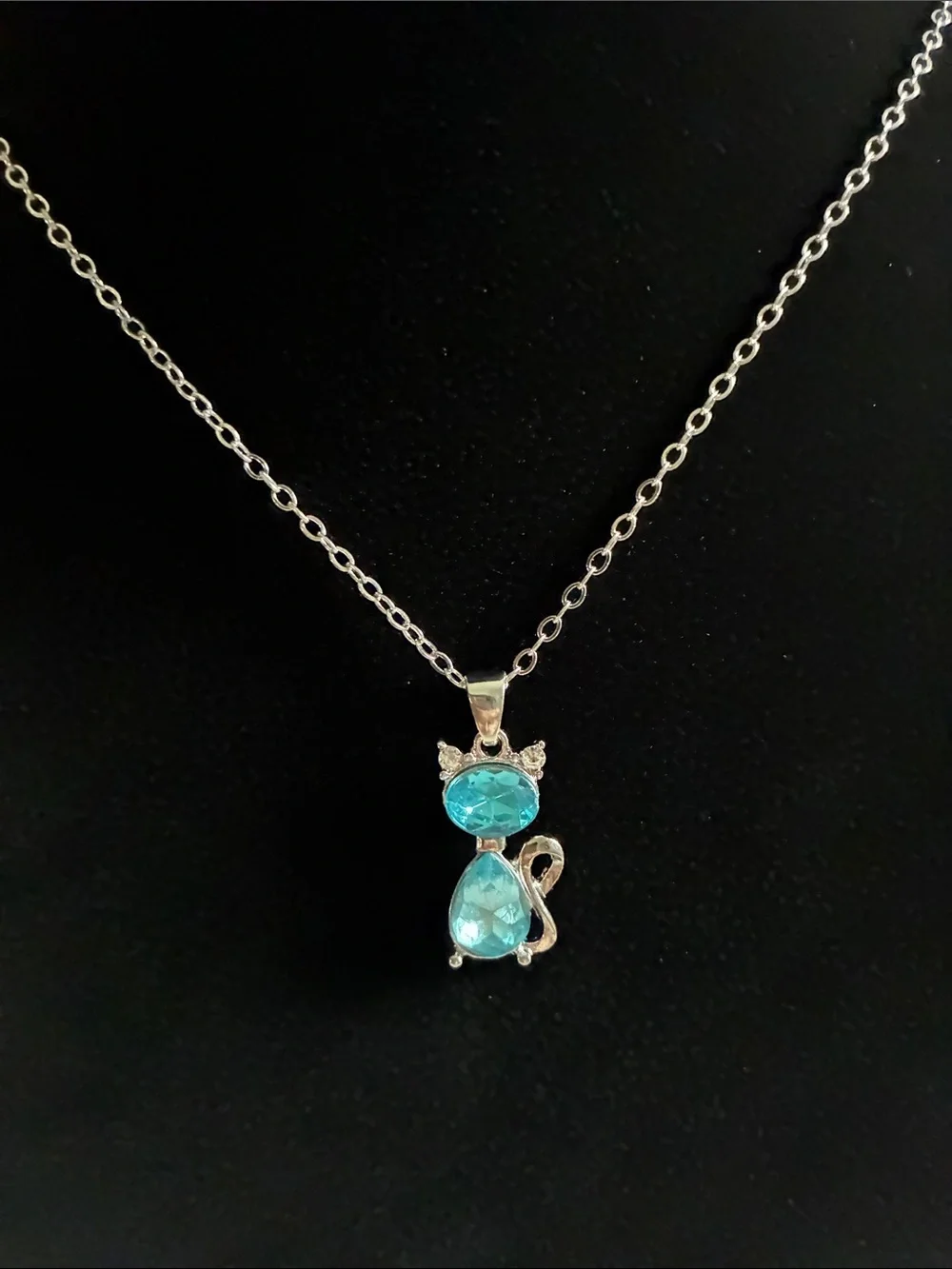 Silver Cat Pendant Necklace with Aqua Blue Gemstones - Pets Cat
